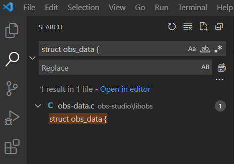 VSCode screenshot with the location of obs data struct