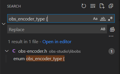 VSCode screenshot with the location of obs encoder