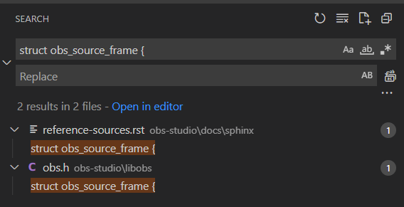 VSCode screenshot with the location of obs_source_frame