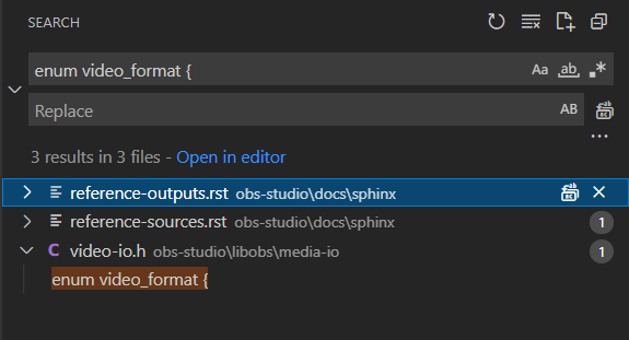VSCode screenshot with the location of obs video format