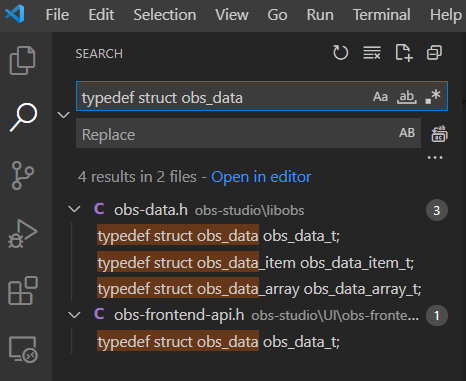 VSCode screenshot with the typedef of the obs data